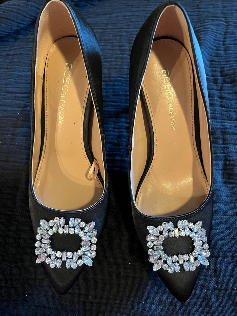 BCBGeneration Black Pointed-Toe Pumps with Crystal Buckle